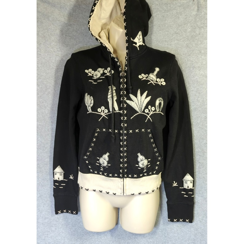 LUCKY BRAND Vtg Y2K Embroidered Hoodie XS Folk Art Mexico Western Boho Jacket